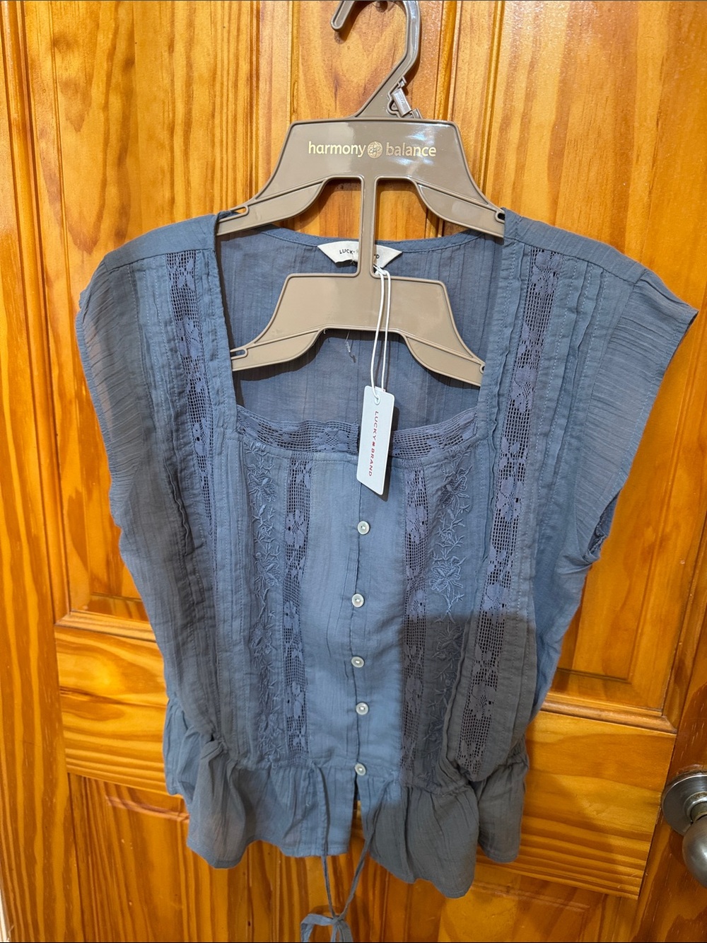 Lucky Brand Slate Blue Lace-Trim Button-Front Peplum Top